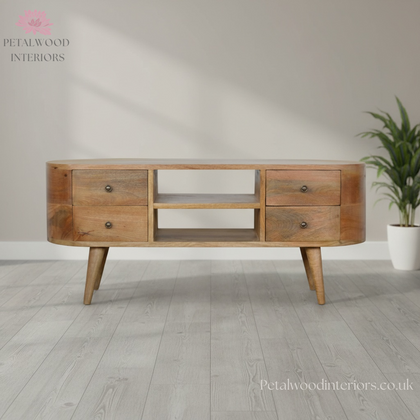 Curved Solid Wood - TV Stand with 4 Drawers and 2 Shelves - Timeless Design - Petalwood Interiors - Front
