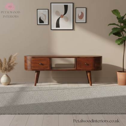 Curved Solid Wood - TV Stand with Centre Storage Shelf and Drawers - Timeless Design - Petalwood Interiors- Front
