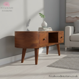 Curved Solid Wood - TV Stand with Centre Storage Shelf and Drawers - Timeless Design - Petalwood Interiors- Side