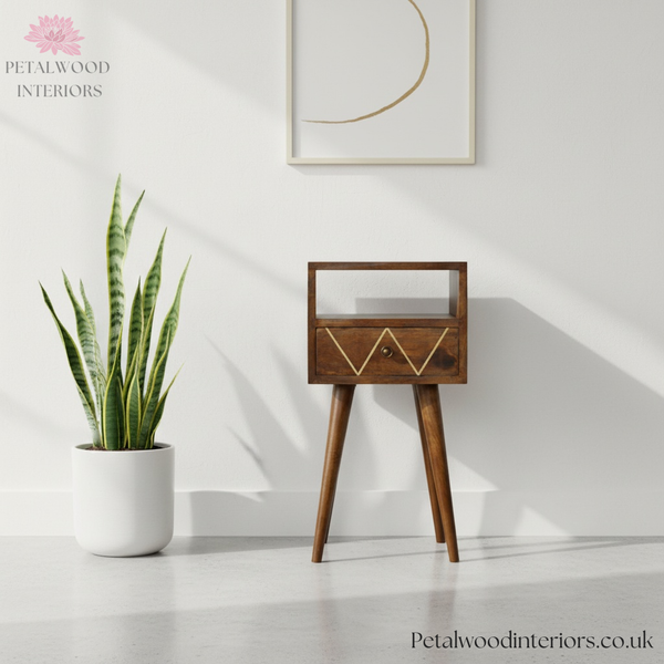 Dark Brown Solid Wood - Bedside Table with Patterned Drawer - 57cm Height - Timesless Desingn - Petalwood Interiors - Front
