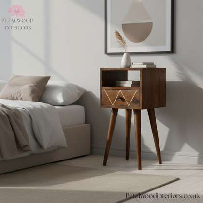 Dark Brown Solid Wood - Bedside Table with Patterned Drawer - 57cm Height - Timesless Desingn - Petalwood Interiors - Side