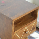 Dark Brown Solid Wood - Bedside Table with Patterned Drawer - 57cm Height - Timesless Desingn - Petalwood Interiors 