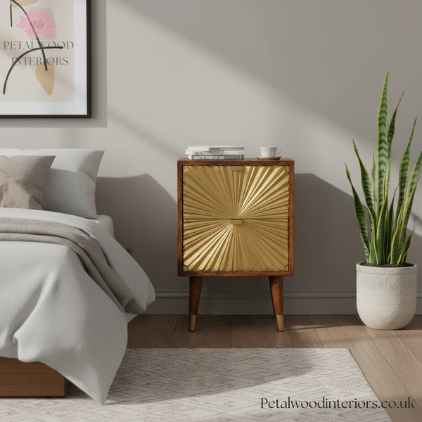 Elegant Bedside Table - 100% Solid Wood - Brass-Plated Drawers - Brass Cap Feet - Timeless Design - Petalwood Interiors- Front