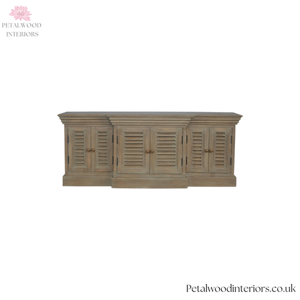 Elegant TV Stand - Solid Wood - Grey Wash - French Shutters - 6 Doors - Timesless Desingn - Petalwood Interiors - Front 1