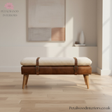 Handwoven Upholstered Bench - 100% Cotton - Buffalo Hide Leather - Solid Wood Legs - Timeless Design - Petalwood Interiors - Front
