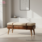 Handwoven Upholstered Bench - 100% Cotton - Buffalo Hide Leather - Solid Wood Legs - Timeless Design - Petalwood Interiors - Side