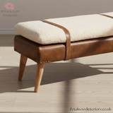 Handwoven Upholstered Bench - 100% Cotton - Buffalo Hide Leather - Solid Wood Legs - Timeless Design - Petalwood Interiors