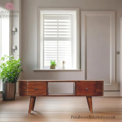 Curved Solid Wood - TV Stand with Centre Storage Shelf and Drawers - Petalwood Interiors
