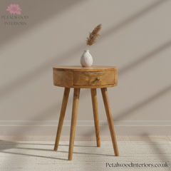 Light Brown Solid Wood - Cylindrical Bedside Table - Single Drawer - Unique Design - Timesless Desingn - Petalwood Interiors - Side