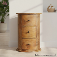 Light Brown Solid Wood - Cylindrical Chest - 3 Drawers - Unique Modern Design - Timesless Desingn - Petalwood Interiors - Front