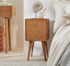Mango Wood Bedside Table - Scandinavian - Light Walnut Finish - 30cm Wide