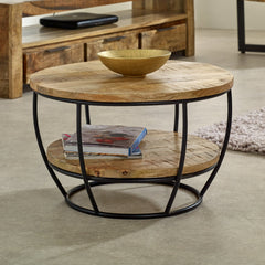 Mango Wood Coffee Table - Merlin Metal Frame & Storage Shelf - 60cm