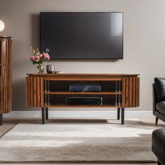 Mango Wood TV Cabinet - Compton Oval Slatted Media Storage