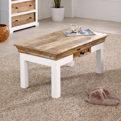 Solid Mango Wood Coffee Table - Bianco White 1-Drawer Storage - 85cm