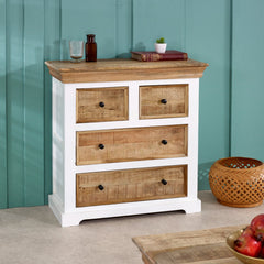 Solid Mango Wood Chest of Drawers - Bianco White 4-Drawer Storage - 80cm