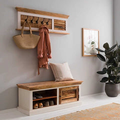 Mango Wood Shoe Rack & Wall Hooks - Bianco Hallway Storage Set
