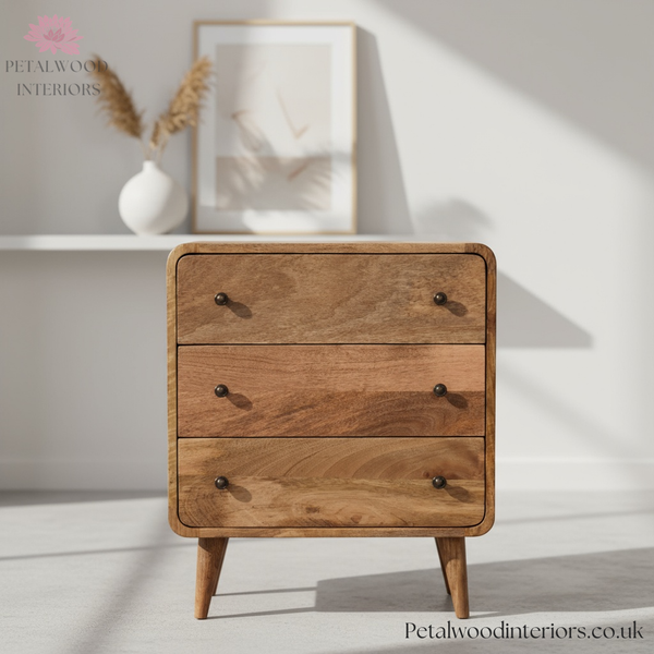 Mini Chest of Drawers Solid Wood - Curved Edges Storage - Compact Bedroom Furniture - Timeless Design - Petalwood Interiors - Front