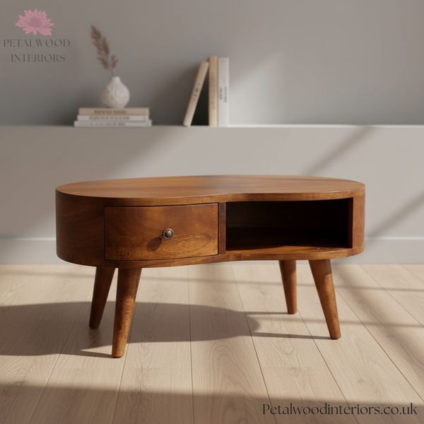 Mini Coffee Table Solid Wood - Drawer & Open Storage - Rounded Edges - Bedroom Side Table - Timeless Design - Petalwood Interiors - Side