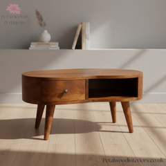 Mini Coffee Table Solid Wood - Drawer & Open Storage - Rounded Edges - Bedroom Side Table - Timeless Design - Petalwood Interiors - Side