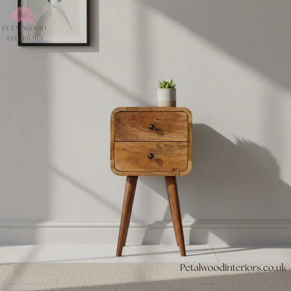 Mini Curved Bedside Table - 100% Solid Wood - 2 Drawers - Recession Collection - 55cm H - Timeless Design - Petalwood Interiors- Front
