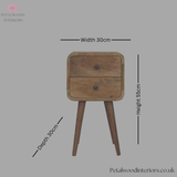 Mini Curved Bedside Table - 100% Solid Wood - 2 Drawers - Recession Collection - 55cm H - Timeless Design - Petalwood Interiors- Front
