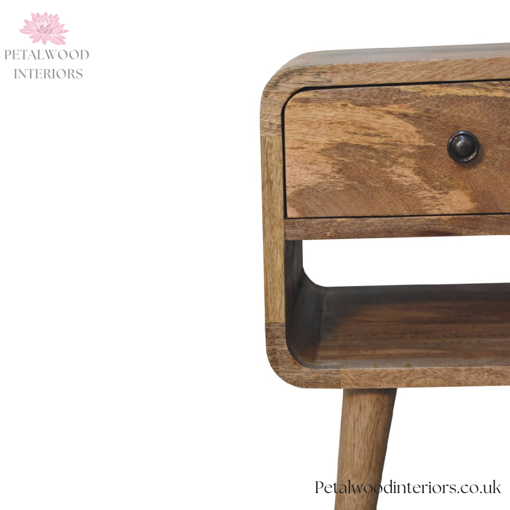 Mini Curved Bedside Table - Solid Wood Side Table - Drawer & Open Stor ...