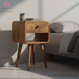 Mini Curved Bedside Table - Solid Wood Side Table - Drawer & Open Storage - Timeless Design - Petalwood Interiors - Side