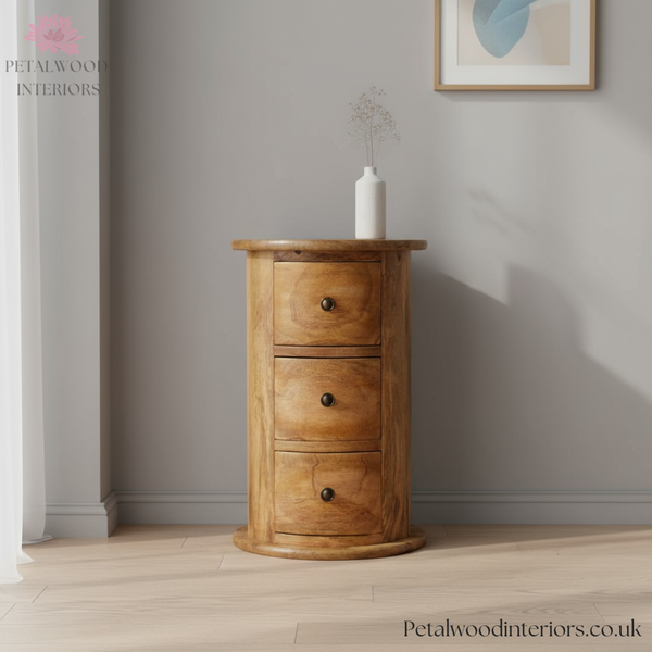 Mini Round Drum Chest - 3 Drawers - Handcrafted Solid Wood - Country Style - Bedside Table - Timeless Design - Petalwood Interiors- Front