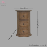Mini Round Drum Chest - 3 Drawers - Handcrafted Solid Wood - Country Style - Bedside Table - Timeless Design - Petalwood Interiors- Front