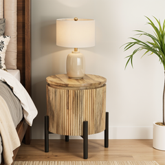 Solid Wood Bedside Table - York Black Metal Legs - 35cm