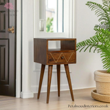 Dark Brown Solid Wood Bedside Table with Patterned Drawer - 22.4in Height - Petalwood Interiors