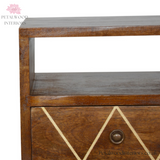 Dark Brown Solid Wood - Bedside Table with Patterned Drawer - 57cm Height