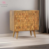 Solid Wood - Chest of Drawers with Carved Pattern - 77cm Height | Vintage Design - Petalwood Interiors