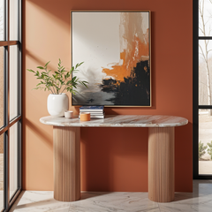 Marble & Mango Wood Console Table - Bundi Fluted Pedestal Design