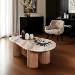 Natural Marble Coffee Table - Bundi Fluted Mango Wood Pedestal