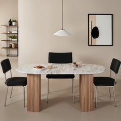 Natural Marble Dining Table - Bundi Fluted Mango Wood Pedestal - 6–8 Seater