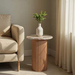 Marble & Mango Wood Side Table - Bundi Fluted Pedestal Design