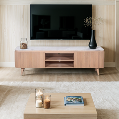 Natural Marble TV Cabinet - Bundi Fluted Mango Wood Media Storage