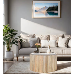Mango Wood Coffee Table - Preston Hand-Carved Round Design - 80cm