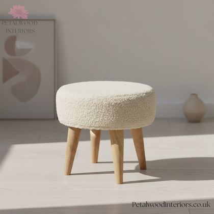 Small Footstool - Pouffe with 100% Cotton Upholstery - Solid Wood Legs - Timeless Design - Petalwood Interiors - Side