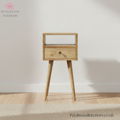 Small Light Brown Solid Wood - Bedside Table - Single Drawer and Shelf - Timesless Desingn - Petalwood Interiors - Front