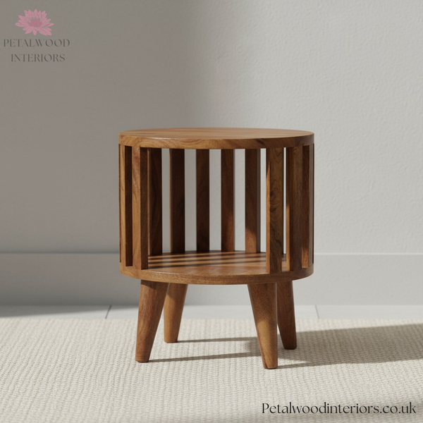 Solid Wood - Bedside Table - Japanese Design - Open Shelf Storage - 40cm Height - Traditional Finish - Petalwood Interiors - Front