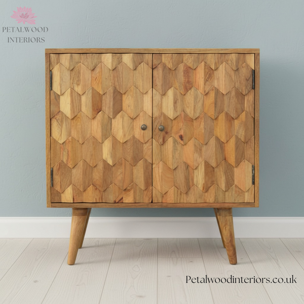 Solid Wood - Cabinet with 2 Shelves - Modern Patterned Front - Vintage Design - Timeless Design - Petalwood Interiors
