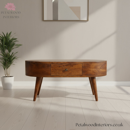 Solid Wood - Coffee Table - Dark Wood Finish - Wooden Legs - Single Drawer Storage - Timeless Design - Petalwood Interiors - Front