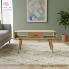 Solid Wood - Coffee Table - Single Drawer with Open Shelves - Classic Design - Petalwood Interiors- Front