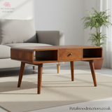 Solid Wood - Coffee Table - With Single Drawer & Open Shelves | Vintage Style - Petalwood Interiors- Side