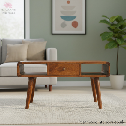 Solid Wood - Coffee Table - With Single Drawer & Open Shelves - Vintage Style - Petalwood Interiors- Front