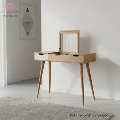 Solid Wood - Dressing Table - 80cm Height - Foldable Mirror Pastel Drawers - Unique Design - Timesless Desingn - Petalwood Interiors - Side