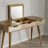 Solid Wood - Dressing Table - 80cm Height - Foldable Mirror Pastel Drawers - Unique Design - Timesless Desingn - Petalwood Interiors 