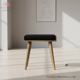 Solid Wood - Footstool 100% Black Cotton Velvet Upholstery - Timeless Design - Petalwood Interiors - Front